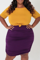 Purple Casual Solid Split Joint O Neck Pencil Skirt Plus Size Two Pieces