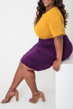 Purple Casual Solid Split Joint O Neck Pencil Skirt Plus Size Two Pieces