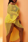 Yellow Sexy Solid Hollowed Out One Shoulder Irregular Cover-up Plus Size Dress