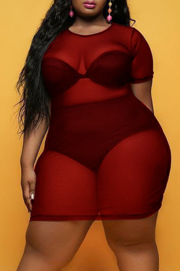 Burgundy Sexy Plus Size Solid See-through O Neck Short Sleeve Dress