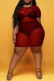 Rose Red Sexy Plus Size Solid See-through O Neck Short Sleeve Dress