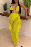 Fluorescent Green Fashion Sexy Patchwork Solid See-through Backless Strap Design Swimwears
