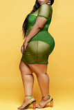 Fluorescent Green Sexy Plus Size Solid See-through O Neck Short Sleeve Dress