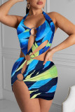 Multicolor Fashion Sexy Print Hollowed Out Backless Swimwears