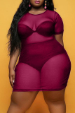 Burgundy Sexy Plus Size Solid See-through O Neck Short Sleeve Dress