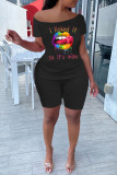 Black Casual Letter Lips Printed Split Joint Off the Shoulder Plus Size Two Pieces