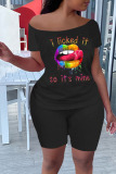 Black Casual Letter Lips Printed Split Joint Off the Shoulder Plus Size Two Pieces