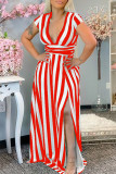 Cyan Fashion Casual Striped Print Slit V Neck Short Sleeve Dress