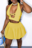 Yellow Sexy Solid Split Joint Halter Sleeveless Two Pieces