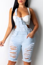 Blue Casual Solid Ripped Square Collar Skinny Rompers