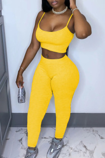 Yellow Casual Solid pencil Sleeveless Two Pieces