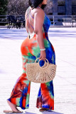 Red Fashion Sexy Print Tie Dye Backless O Neck Plus Size Jumpsuits