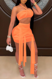 Tangerine Red Sexy Solid Mesh Strapless Sleeveless Two Pieces