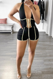 Black Sexy Patchwork Draw String Halter Skinny Jumpsuits