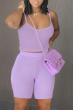 Purple Casual Solid Split Joint Spaghetti Strap Sleeveless Two Pieces