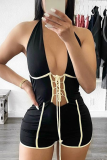 Black Sexy Patchwork Draw String Halter Skinny Jumpsuits