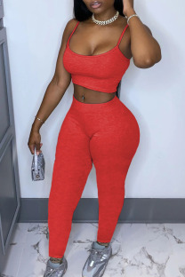 Red Casual Solid pencil Sleeveless Two Pieces