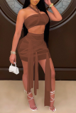 Coffee Sexy Solid Mesh Strapless Sleeveless Two Pieces