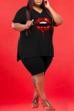 Black Fashion Casual Lips Printed Slit V Neck Plus Size Two Pieces