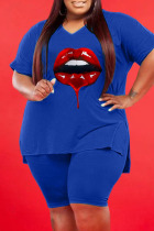 Blue Fashion Casual Lips Printed Slit V Neck Plus Size Two Pieces