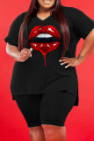 Black Fashion Casual Lips Printed Slit V Neck Plus Size Two Pieces