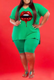Green Fashion Casual Lips Printed Slit V Neck Plus Size Two Pieces