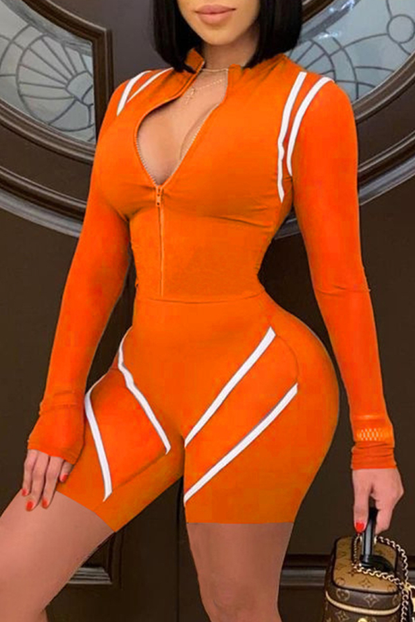 Orange Fashion Casual Print Basic Zipper Collar Skinny Romper