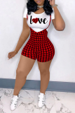 Red Sexy Print Patchwork O Neck Plus Size Two Pieces