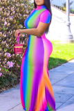 Colour Fashion Casual Striped Print Basic Turtleneck Short Sleeve Dress