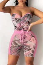 Pink Fashion Sexy Print Backless Strapless Sleeveless Two Pieces