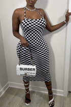 Black And White Sexy Print Backless Halter Pencil Skirt Dresses