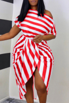 Red Fashion Casual Striped Print Asymmetrical Oblique Collar Short Sleeve Dress Plus Size Dresses