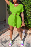 Fluorescent Green Fashion Casual Solid Slit V Neck Short Sleeve Two Pieces
