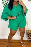 Green Fashion Casual Solid Basic V Neck Plus Size Two Pieces