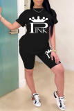 Black Fashion Casual Print Basic O Neck Short Sleeve Two Pieces
