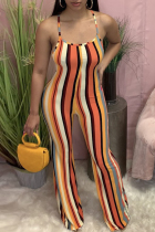 Stripe Sexy Casual Striped Print Backless O Neck Regular Jumpsuits