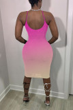Pink Sexy Casual Gradual Change Print Backless Spaghetti Strap Sleeveless Dress