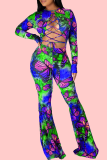Rose Red Sexy Print Hollowed Out O Neck Boot Cut Jumpsuits