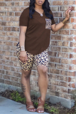 Coffee Fashion Casual Leopard Printing V Neck Short Sleeve Two Pieces
