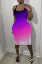 Purple Sexy Casual Gradual Change Print Backless Spaghetti Strap Sleeveless Dress