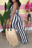 Earth Yellow Fashion Casual Striped Print Backless Halter Regular Jumpsuits