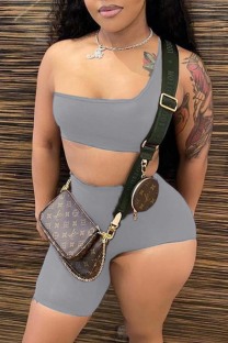 Grey Sexy Casual Asymmetrical One Shoulder Sleeveless Two Pieces