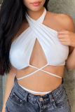 White Sexy Solid Bandage Halter Tops