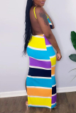 Multi-color Fashion Sexy Striped Print Backless Slit Spaghetti Strap Sleeveless Dress