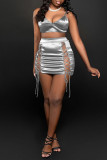 Silver Sexy Solid Hollowed Out Backless Strap Design Spaghetti Strap Sleeveless Two Pieces