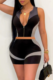 Black Sexy Color Block Split Joint Zipper Collar Sleeveless Two Pieces
