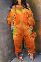 Orange Fashion Casual Tie Dye Printing Off the Shoulder Regular Jumpsuits