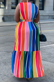 Colour Sexy Print Patchwork V Neck Cake Skirt Plus Size Dresses