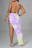 Multi-color Sexy Print Hollowed Out Backless Strap Design Swimwears Three-piece Set