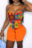 Orange Sexy Print Backless Spaghetti Strap Sleeveless Two Pieces